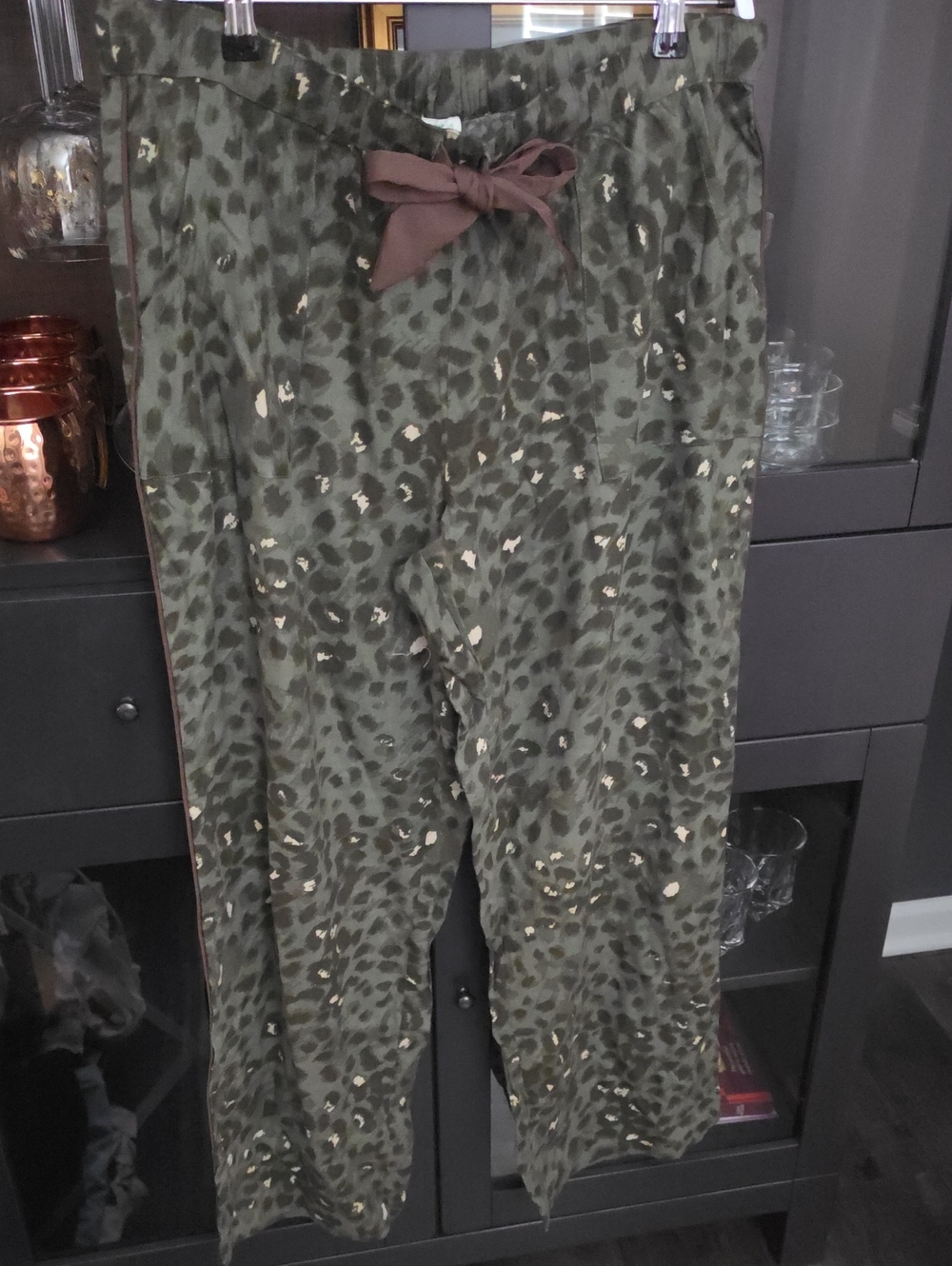Olive Green Leopard Print Lounge Pants with Cream Accents